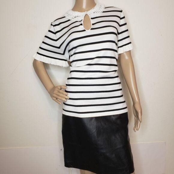 Karl Lagerfeld Paris Women's Striped Knit Top With Crochet Collar & Keyhole L - Picture 7 of 8